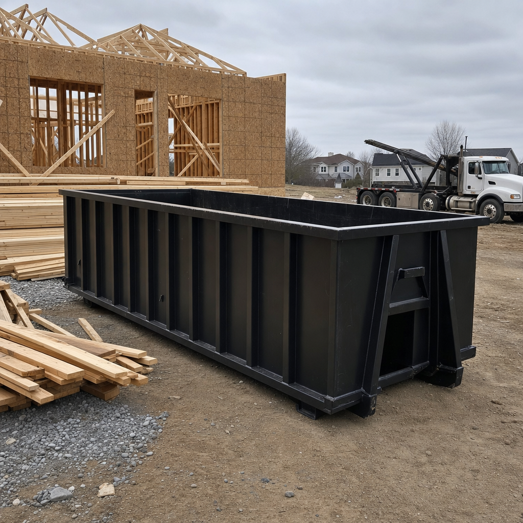 Matte-black 40-yard roll-off dumpster staged on a framed-out residential construction site in Tuscaloosa, framing lumber stacked nearby, hooklift delivery truck visible in the background under bright Colorado daylight
