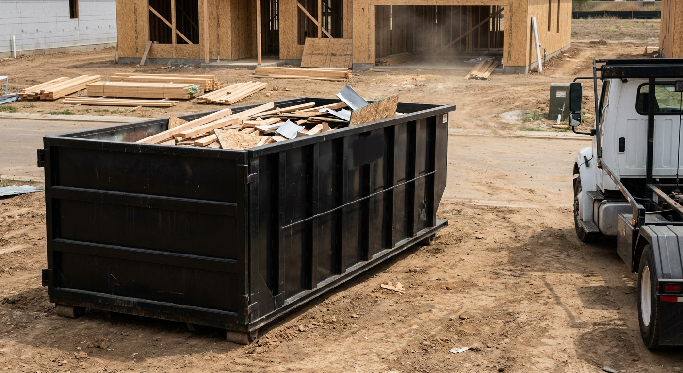 Matte-black 20-yard roll-off construction dumpster with heavy ribbed steel sidewalls and swing rear doors at a working jobsite in Tuscaloosa, sitting directly on compacted dirt with an unmarked white hauler partially visible at the far edge of the frame.