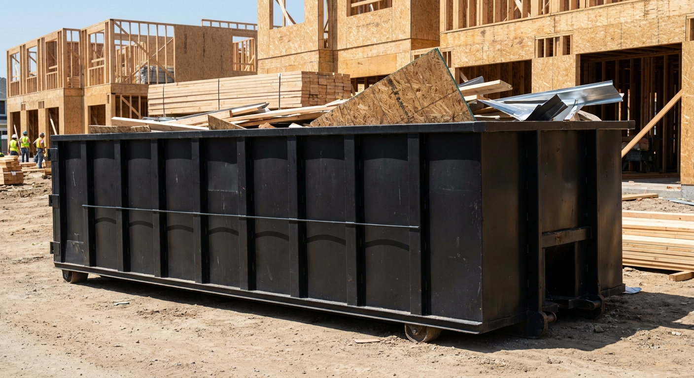 Matte-black 40-yard roll-off construction dumpster being lowered from a white-cab hooklift delivery truck onto the compacted-dirt jobsite at a commercial build site in Tuscaloosa