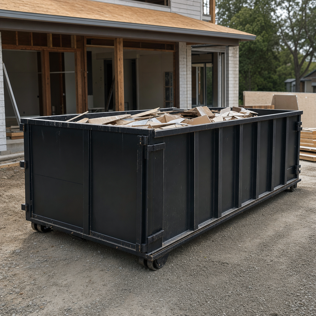 Large matte-black 30-yard construction roll-off dumpster at an active Tuscaloosa jobsite, steel-gray top rails and bottom rollers visible, loaded with construction debris.