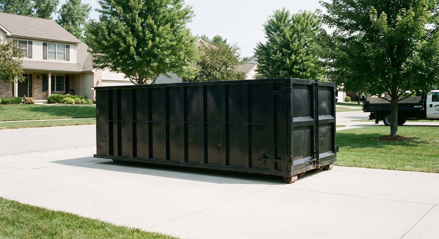 Matte-black 20-yard roll-off dumpster sitting level on a clean Tuscaloosa residential concrete driveway under bright daylight, demonstrating clean placement directly on the concrete.