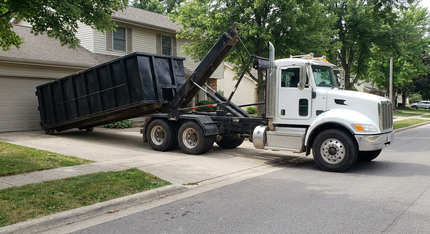 White-cab hooklift roll-off truck actively lowering a matte-black dumpster onto a Tuscaloosa residential concrete driveway, the dumpster's rear wheels touching the driveway as the hoist arm tilts the bed forward, mid-morning daylight.