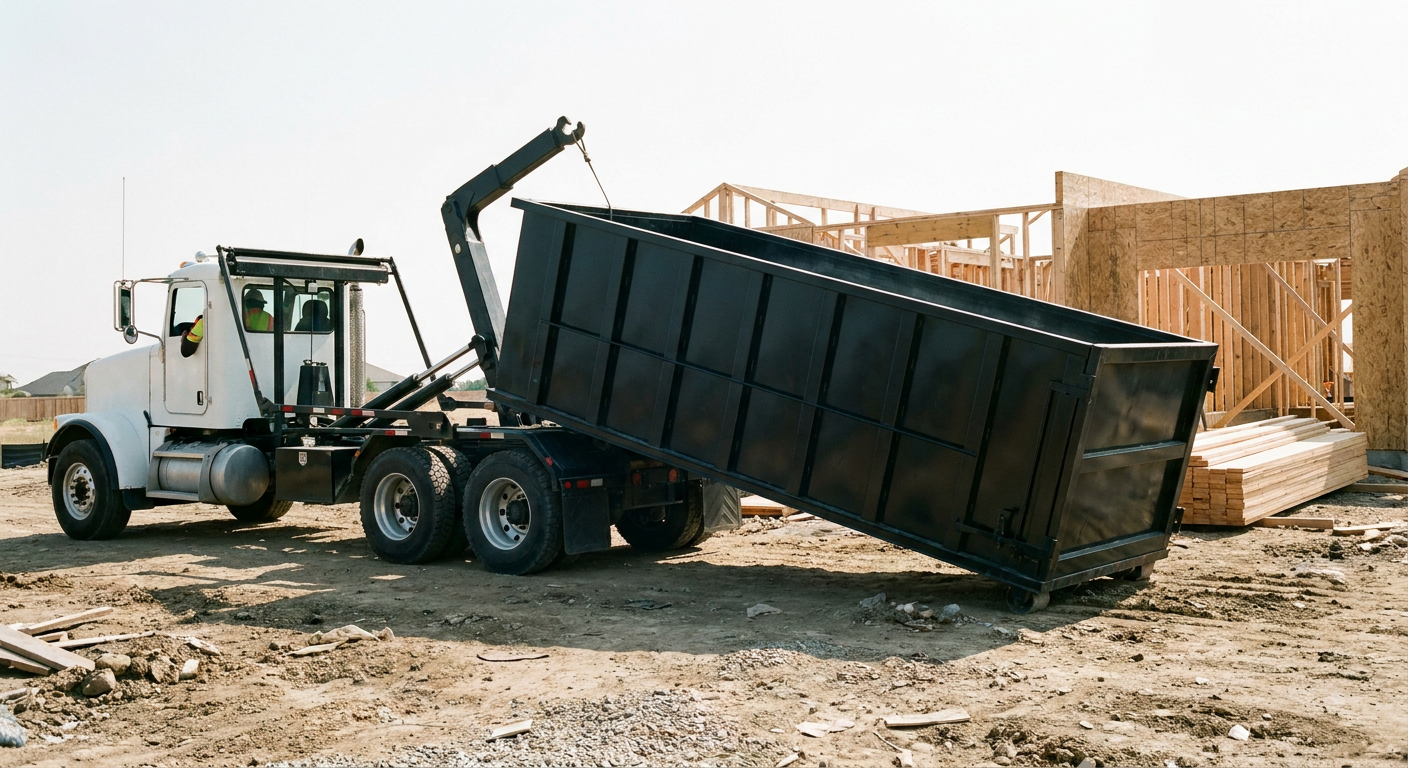 Matte-black roll-off dumpster being delivered onto a clean residential concrete driveway in Tuscaloosa by an unmarked white hooklift hauler truck, bright morning daylight, documentary 35mm perspective.