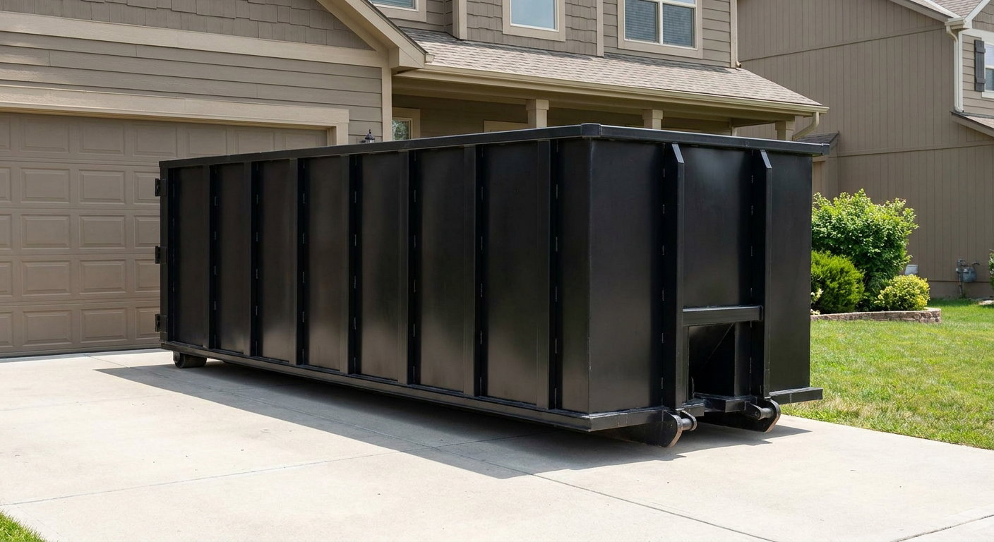 Matte-black residential roll-off dumpster sitting directly on a suburban Tuscaloosa concrete driveway, garage door closed, single-family home in background, bright morning daylight.