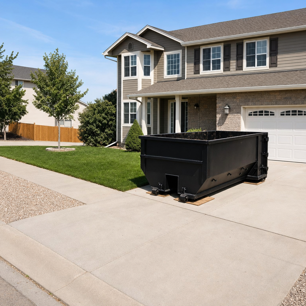 10-yard matte-black residential dumpster placed directly on a narrow Tuscaloosa concrete driveway, room remains for a parked sedan beside it, mid-morning natural light