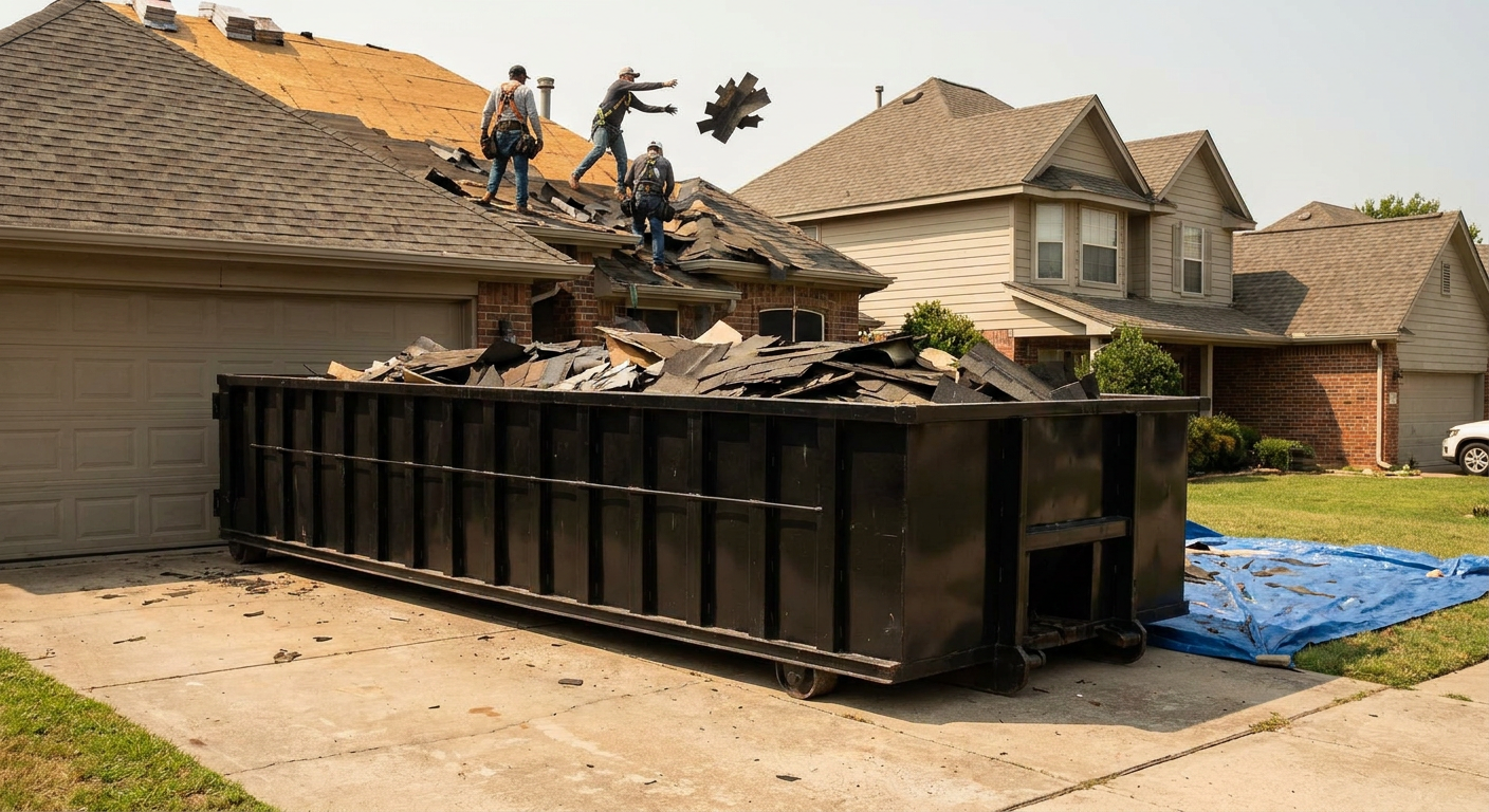 Matte-black roofing roll-off dumpster placed directly on a Tuscaloosa residential concrete driveway, a tear-off crew on a two-story asphalt-shingle roof tossing shingle bundles into the low-walled container, bright daylight, documentary 35mm perspective.