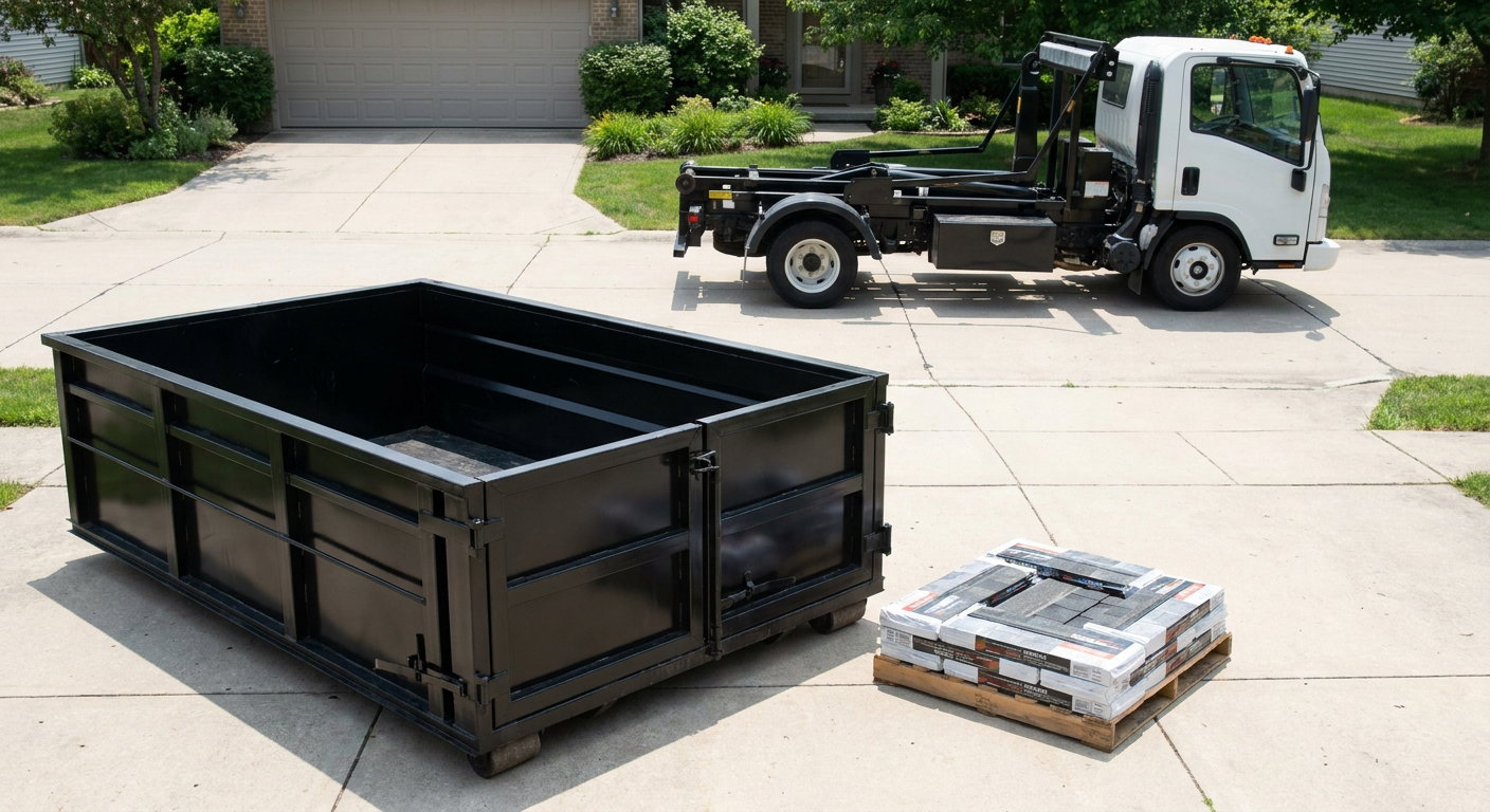 Matte-black 15-yard roofing roll-off dumpster with reinforced low side walls sitting directly on a Tuscaloosa residential concrete driveway, three-tab asphalt shingle bundles stacked nearby, an unmarked white hauler truck partially visible at the edge of the frame.