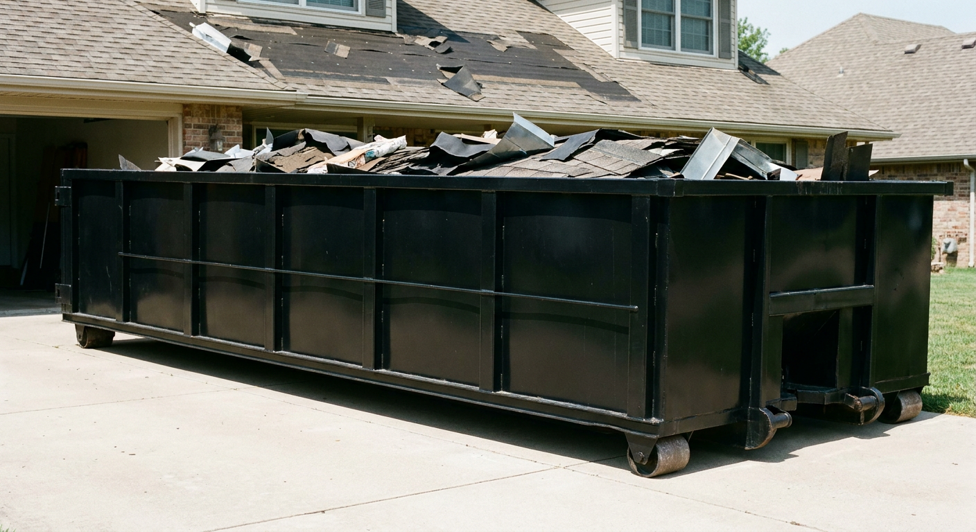 Matte-black 20-yard roofing roll-off dumpster with steel ribbed sides and swinging rear door, sitting directly on the concrete driveway of a two-story Tuscaloosa home, asphalt shingle debris being loaded over the low wall, clean documentary lighting.