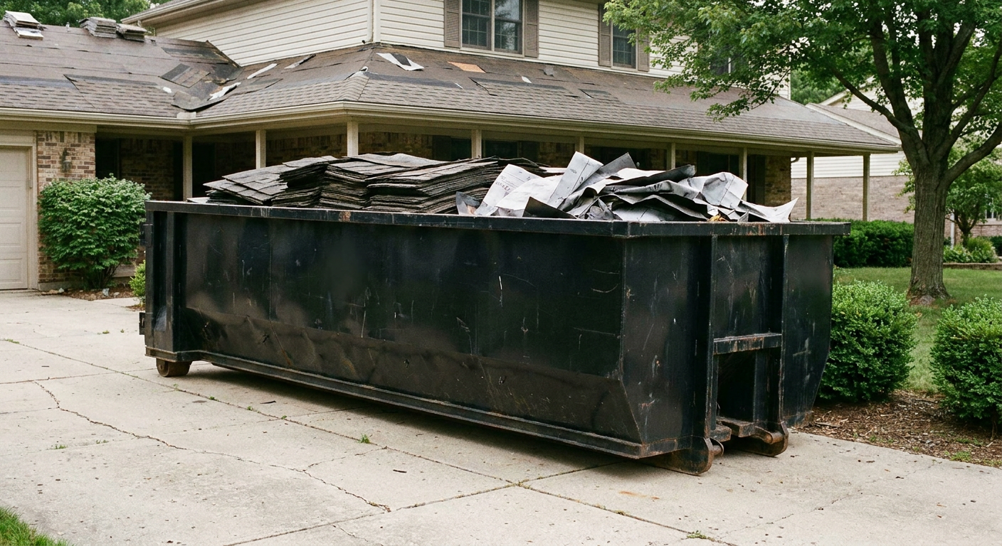 Matte-black 30-yard roofing roll-off dumpster sitting directly on a Tuscaloosa concrete driveway, taller ribbed steel side panels, mixed tear-off debris of asphalt shingles and underlayment inside, professional documentary daylight.