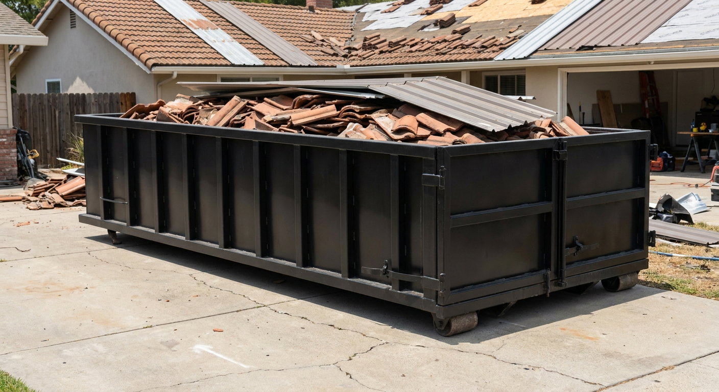 Matte-black low-wall heavy-debris roofing roll-off dumpster sitting directly on a Tuscaloosa concrete driveway, broken concrete clay roof tiles and metal panel sections loaded inside, reinforced ribbed steel side walls visible, bright outdoor daylight.