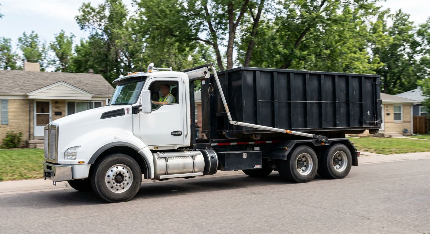 A wide documentary shot of a matte-black roll-off delivery truck pulling onto a quiet Tuscaloosa residential street at mid-morning, with neighborhood rooftops and tree-lined blocks visible behind, showing the metro coverage footprint.