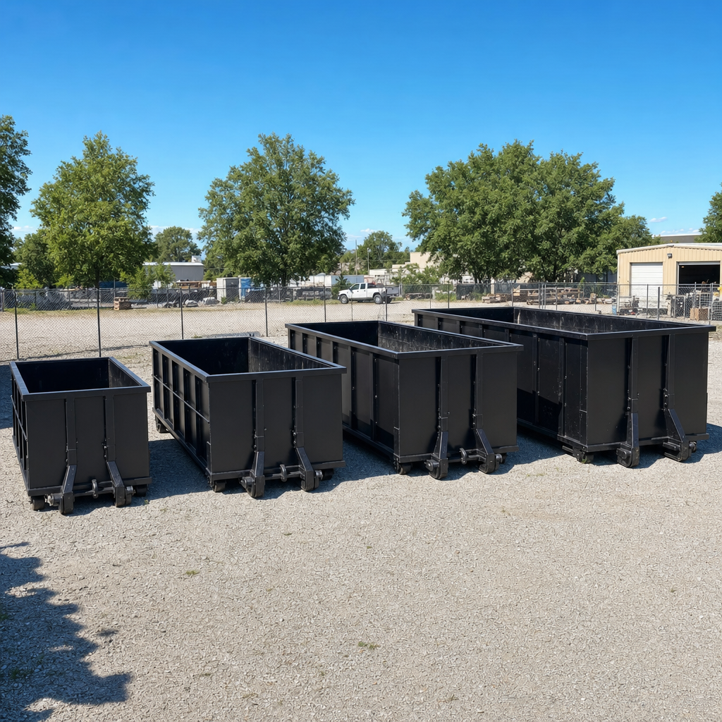 A clean lineup of matte-black roll-off dumpsters in 10, 20, 30, and 40-yard sizes staged on a sunlit gravel yard in Tuscaloosa, showing the size progression from compact to commercial-scale containers.
