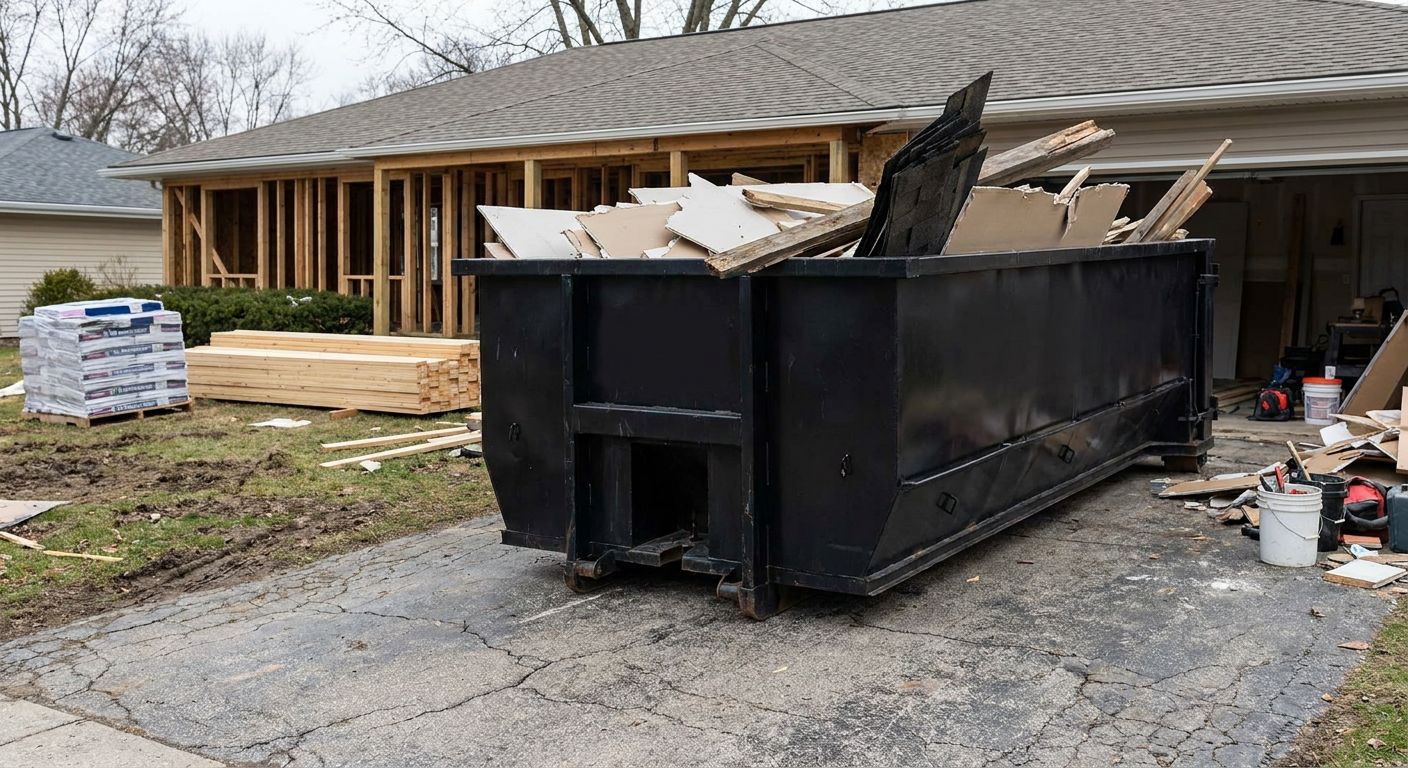 A matte-black 20-yard roll-off dumpster placed alongside a mid-renovation Tuscaloosa home directly on the asphalt driveway, with framing materials and torn-off shingles staged neatly nearby.