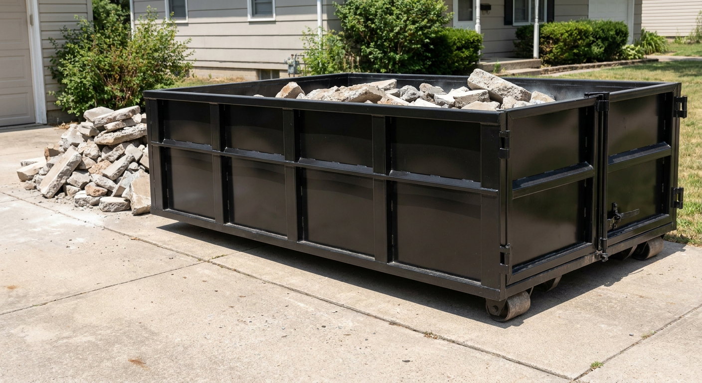 A matte-black low-side heavy-debris roll-off dumpster placed directly on a Tuscaloosa concrete driveway, with broken concrete chunks neatly stacked beside it under clean daylight.